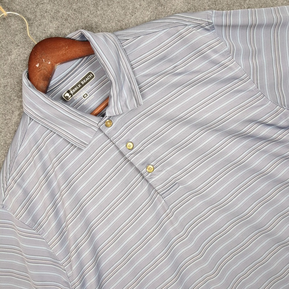 Pebble Beach Performance Mens Polo Shirt Blue Stripe Short Sleeve Size M